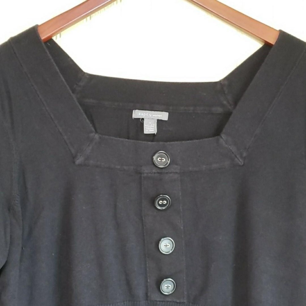 Apt. 9 Blouse Womens Plus 1X Black Square Neck Short Sleeve Button Knit Top